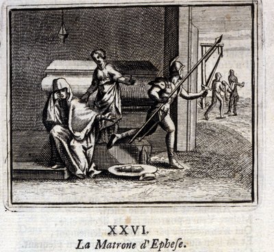 Efesoksen emäntä. Jean de La Fontainen (1621-95) sadut. Kuvitus: Francois Chauveau (1613-1676). Painos vuodelta 1728. tekijältä Francois Chauveau
