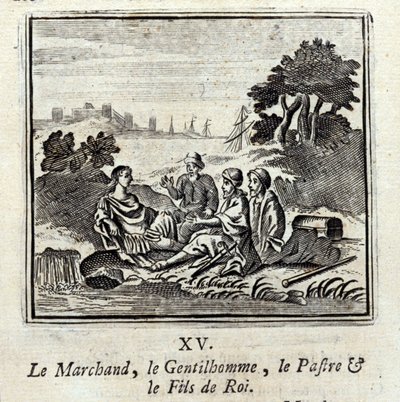 Kauppias, Gentilman, Patra ja Kuninkaan Poika. Jean de La Fontainen (1621-95) sadut. Kuvitus: François Chauveau (1613-1676). Painos vuodelta 1728. tekijältä Francois Chauveau