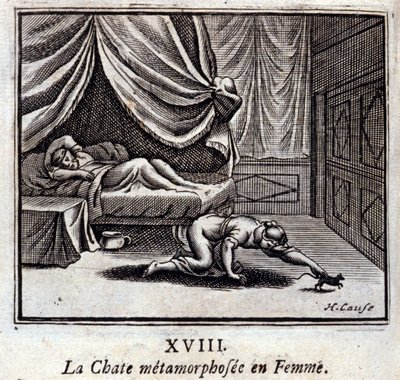 Metamorfoitunut kissa naisessa. Jean de La Fontainen (1621-95) sadut. Kuvitus: François Chauveau (1613-1676). Painos vuodelta 1728. tekijältä Francois Chauveau