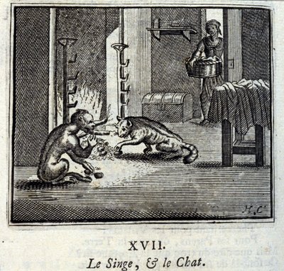 Apina ja kissa. Jean de La Fontainen (1621-95) sadut. Kuvitus: Francois Chauveau (1613-1676). Painos vuodelta 1728. tekijältä Francois Chauveau