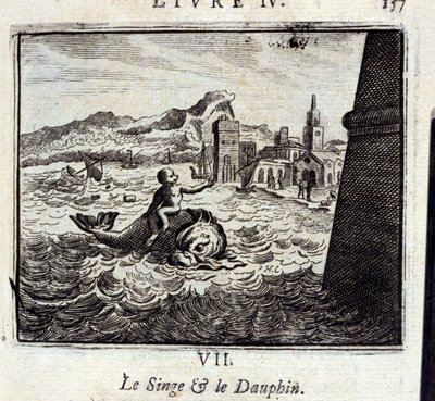 Apina ja Dauphin. Jean de La Fontainen (1621-95) tarinoita. Kuvitus: Francois Chauveau (1613-1676). Painos vuodelta 1728. tekijältä Francois Chauveau
