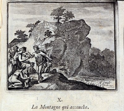 Vuori synnyttää. Jean de La Fontainen (1621-95) sadut. Kuvitus: Francois Chauveau (1613-1676). Painos vuodelta 1728. tekijältä Francois Chauveau