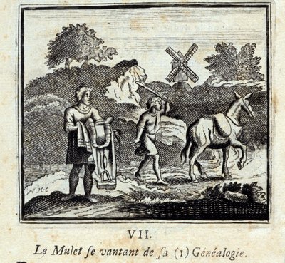 Mullet kerskailee sukututkimuksestaan. Jean de La Fontainen (1621-95) sadut. Kuvitus: François Chauveau (1613-1676). Painos vuodelta 1728. tekijältä Francois Chauveau