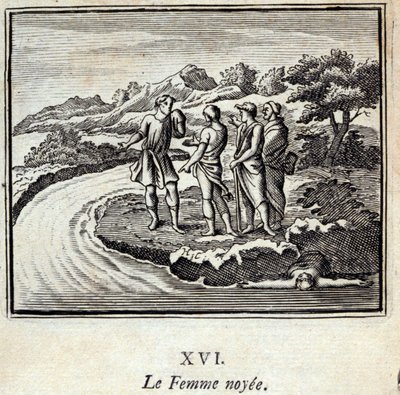 Noyee-nainen. Jean de La Fontainen (1621-95) sadut. Kuvitus: François Chauveau (1613-1676). Painos vuodelta 1728. tekijältä Francois Chauveau