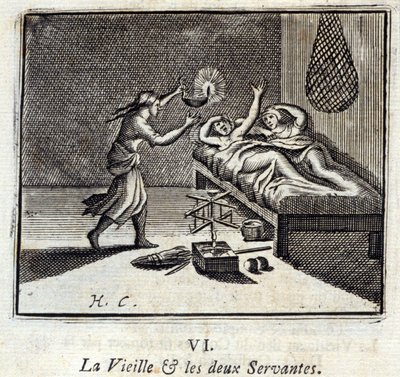 Vanha rouva ja kaksi palvelijaa. Jean de La Fontainen (1621-95) sadut. Kuvitus: François Chauveau (1613-1676). Painos vuodelta 1728. tekijältä Francois Chauveau