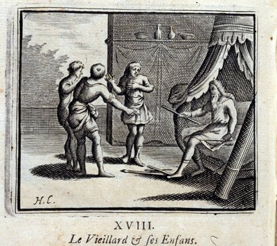 Vanha mies ja hänen lapsensa. Jean de La Fontainen (1621-95) sadut. Kuvitus: François Chauveau (1613-1676). Painos vuodelta 1728. tekijältä Francois Chauveau
