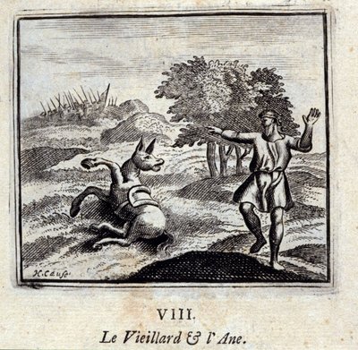 Vanha mies ja aasi. Jean de La Fontainen (1621-95) sadut. Kuvitus: François Chauveau (1613-1676). Painos vuodelta 1728. tekijältä Francois Chauveau