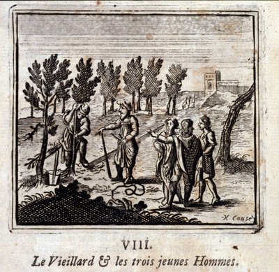 Vanha mies ja kolme nuorta miestä. Jean de La Fontainen (1621-95) sadut. Kuvitus: François Chauveau (1613-1676). Painos vuodelta 1728. tekijältä Francois Chauveau