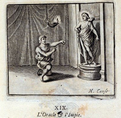 Oraakkeli ja jumalattomat. Jean de La Fontainen (1621-95) sadut. Kuvitus: Francois Chauveau (1613-1676). Painos vuodelta 1728. tekijältä Francois Chauveau