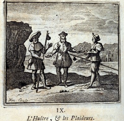 Osteri ja oikeudenkäyntihenkilöt. Jean de La Fontainen (1621-95) sadut. Kuvitus: François Chauveau (1613-1676). Painos vuodelta 1728. tekijältä Francois Chauveau