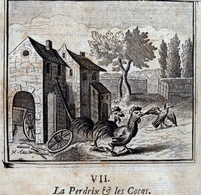 Partridge ja kukot. Jean de La Fontainen (1621-95) sadut. Kuvitus: François Chauveau (1613-1676). Painos vuodelta 1728. tekijältä Francois Chauveau