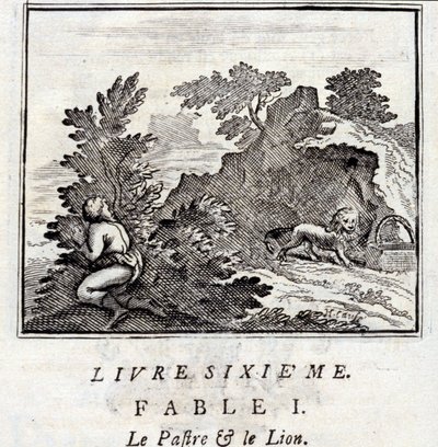Patra ja leijona. Jean de La Fontainen (1621-95) sadut. Kuvitus: François Chauveau (1613-1676). Painos vuodelta 1728. tekijältä Francois Chauveau