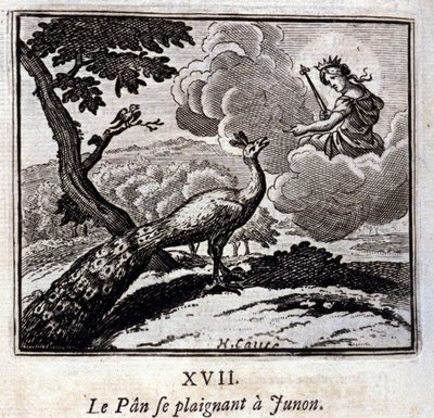 Peacock valitti Junonille. Jean de La Fontainen (1621-95) sadut. Kuvitus: François Chauveau (1613-1676). Painos vuodelta 1728. tekijältä Francois Chauveau