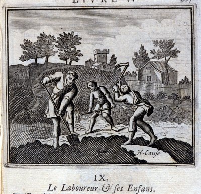 Ploureur ja hänen lapsensa. Jean de La Fontainen (1621-95) sadut. Kuvitus: Francois Chauveau (1613-1676). Painos vuodelta 1728. tekijältä Francois Chauveau
