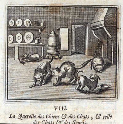 Koirien ja kissojen querelle sekä kissojen ja hiirten querelle. Jean de La Fontainen (1621-95) sadut. Kuvitus: François Chauveau (1613-1676). Painos vuodelta 1728. tekijältä Francois Chauveau