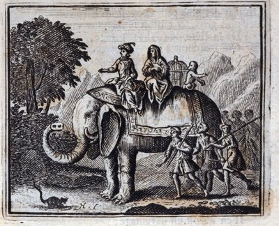Rotta ja norsu. Jean de La Fontainen (1621-95) sadut. Kuvitus: François Chauveau (1613-1676). Painos vuodelta 1728. tekijältä Francois Chauveau
