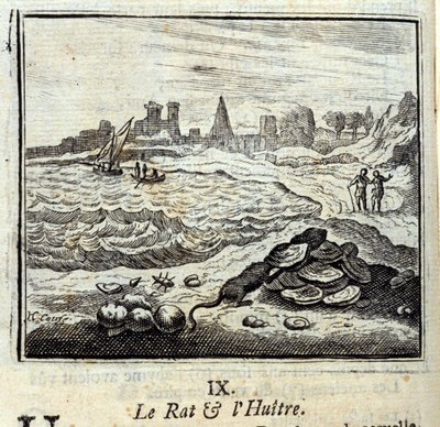 The Rat and the Oyer.Fables Jean de La Fontaine (1621-95). Kuvitus: Francois Chauveau (1613-1676). Painos vuodelta 1728. tekijältä Francois Chauveau