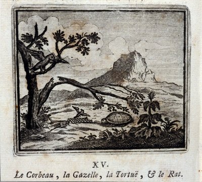 Korppi, gaselli, kilpikonna ja rotta. Jean de La Fontainen (1621-95) sadut. Kuvitus: François Chauveau (1613-1676). Painos vuodelta 1728. tekijältä Francois Chauveau