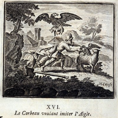 Korppi haluaa matkia kotkaa. Jean de La Fontainen (1621-95) sadut. Kuvitus: François Chauveau (1613-1676). Painos vuodelta 1728. tekijältä Francois Chauveau