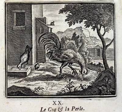 Kukko ja helmi. Jean de La Fontainen (1621-95) sadut. Kuvitus: François Chauveau (1613-1676). Painos vuodelta 1728. tekijältä Francois Chauveau