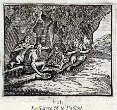 Satyyri ja matkustaja. Jean de La Fontainen (1621-95) sadut. Kuvitus: François Chauveau (1613-1676). Painos vuodelta 1728. tekijältä Francois Chauveau