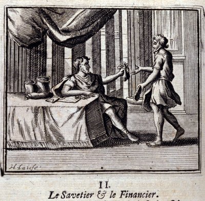 Savetier ja Finder. Jean de La Fontainen (1621-95) sadut. Kuvitus: François Chauveau (1613-1676). Painos vuodelta 1728. tekijältä Francois Chauveau