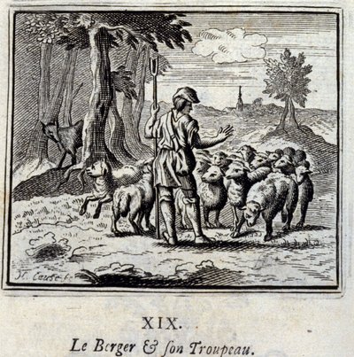 Paimen ja hänen laumansa. Jean de La Fontainen (1621-95) sadut. Kuvitus: François Chauveau (1613-1676). Painos vuodelta 1728. tekijältä Francois Chauveau