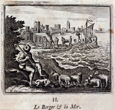 Paimen ja meri. Jean de La Fontainen (1621-95) sadut. Kuvitus: François Chauveau (1613-1676). Painos vuodelta 1728. tekijältä Francois Chauveau
