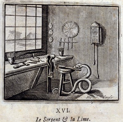 Käärme ja kalkki. Jean de La Fontainen (1621-95) tarinoita. Kuvitus: Francois Chauveau (1613-1676). Painos vuodelta 1728. tekijältä Francois Chauveau