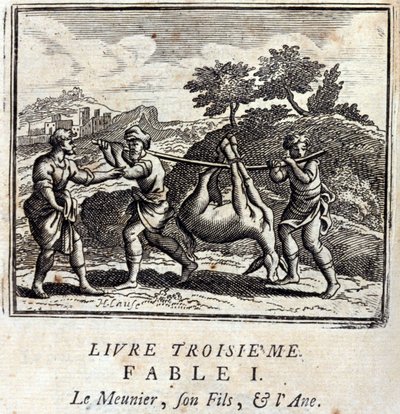 Sucker hänen poikansa ja aasi. Jean de La Fontainen (1621-95) sadut. Kuvitus: François Chauveau (1613-1676). Painos vuodelta 1728. tekijältä Francois Chauveau