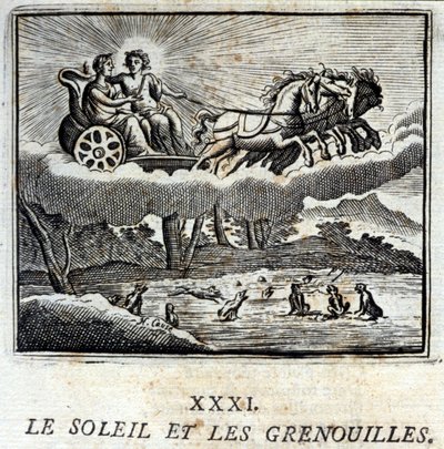 Aurinko ja sammakot. Jean de La Fontainen (1621-95) sadut. Kuvitus: François Chauveau (1613-1676). Painos vuodelta 1728. tekijältä Francois Chauveau