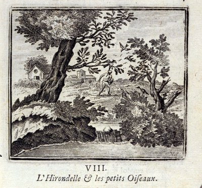 Pääskynen ja pienet linnut. Jean de La Fontainen (1621-95) sadut. Kuvitus: François Chauveau (1613-1676). Painos vuodelta 1728. tekijältä Francois Chauveau