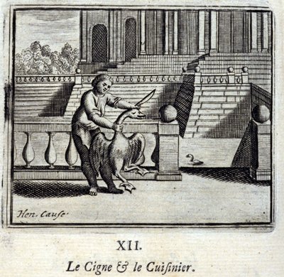 Joutsen ja kokki. Jean de La Fontainen (1621-95) sadut. Kuvitus: Francois Chauveau (1613-1676). Painos vuodelta 1728. tekijältä Francois Chauveau
