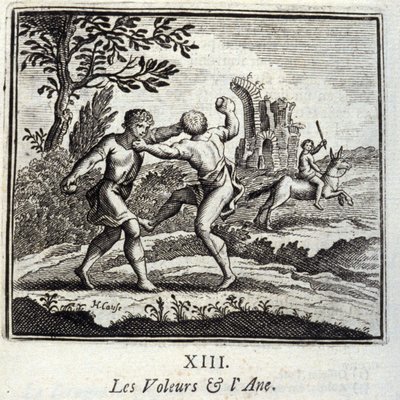 Jean de La Fontainen (1621-95) The Thieves and the Ane.Fables. Kuvitus: Francois Chauveau (1613-1676). Painos vuodelta 1728. tekijältä Francois Chauveau