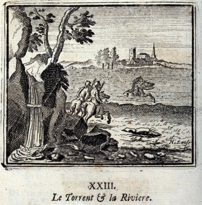 Torrent ja Riviere. Jean de La Fontainen (1621-95) sadut. Kuvitus: Francois Chauveau (1613-1676). Painos vuodelta 1728. tekijältä Francois Chauveau