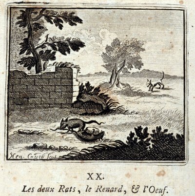 Kaksi rotta, kettu ja muna. Jean de La Fontainen (1621-95) sadut. Kuvitus: François Chauveau (1613-1676). Painos vuodelta 1728. tekijältä Francois Chauveau