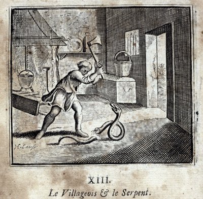 Kyläläinen ja käärme. Jean de La Fontainen (1621-95) sadut. Kuvitus: François Chauveau (1613-1676). Painos vuodelta 1728. tekijältä Francois Chauveau