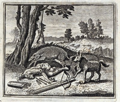Susi ja metsästäjä. Jean de La Fontainen (1621-95) sadut. Kuvitus: Francois Chauveau (1613-1676). Painos vuodelta 1728. tekijältä Francois Chauveau