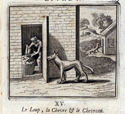 Susi, vuohi ja vuohi. Jean de La Fontainen (1621-95) sadut. Kuvitus: François Chauveau (1613-1676). Painos vuodelta 1728. tekijältä Francois Chauveau