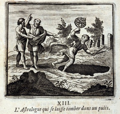 Astrologi, joka putoaa kaivoon. Jean de La Fontainen (1621-95) sadut. Kuvitus: François Chauveau (1613-1676). Painos vuodelta 1728. tekijältä Francois Chauveau