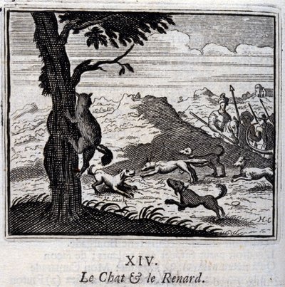 Kissa ja kettu. Jean de La Fontainen (1621-95) satuja. Kuvitus: François Chauveau (1613-1676). Painos vuodelta 1728. tekijältä Francois Chauveau
