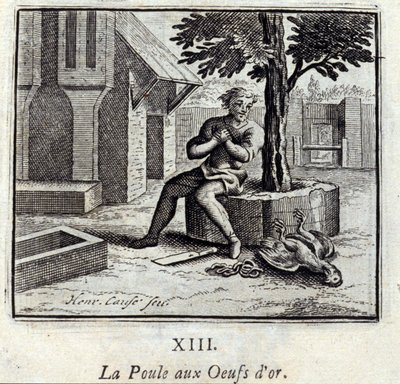 Kana kultaisilla munilla. Jean de La Fontainen (1621-95) sadut. Kuvitus: François Chauveau (1613-1676). Painos vuodelta 1728. tekijältä Francois Chauveau