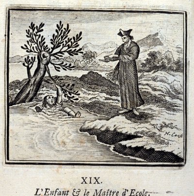 Lapsi ja koulun mestari. Jean de La Fontainen (1621-95) sadut. Kuvitus: François Chauveau (1613-1676). Painos vuodelta 1728. tekijältä Francois Chauveau