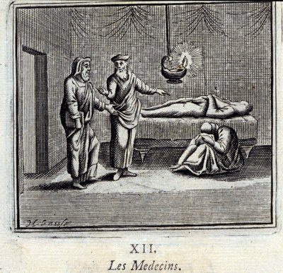 Lääkärit. Jean de La Fontainen (1621-95) sadut. Kuvitus: François Chauveau (1613-1676). Painos vuodelta 1728. tekijältä Francois Chauveau