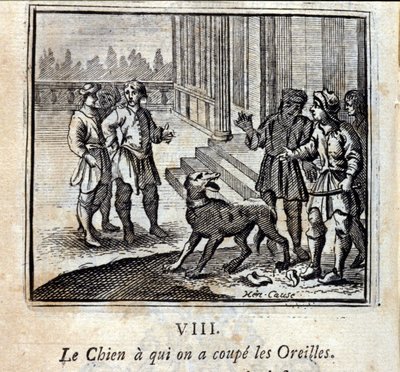 Leikkasimme koiralta korvat pois. Jean de La Fontainen (1621-95) sadut. Kuvitus: François Chauveau (1613-1676). Painos vuodelta 1728. tekijältä Francois Chauveau