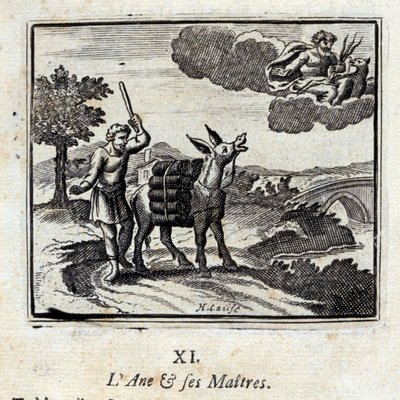 Aasi ja hänen isäntänsä. Jean de La Fontainen (1621-95) sadut. Kuvitus: François Chauveau (1613-1676). Painos vuodelta 1728. tekijältä Francois Chauveau