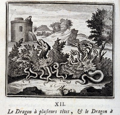 Lohikäärmeellä on useita päitä ja lohikäärmeellä useita häntää. Jean de La Fontainen (1621-95) sadut. Kuvitus: François Chauveau (1613-1676). Painos vuodelta 1728. tekijältä Francois Chauveau