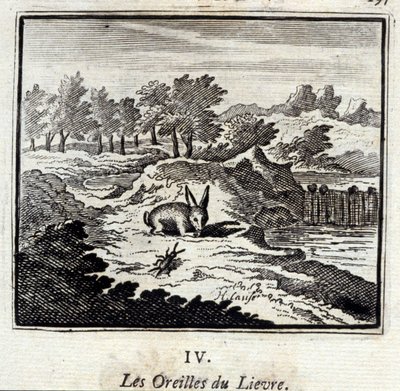 Lievren korvat. Jean de La Fontainen (1621-95) sadut. Kuvitus: François Chauveau (1613-1676). Painos vuodelta 1728. tekijältä Francois Chauveau