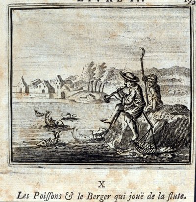 Kala ja paimen soittavat huilua. Jean de La Fontainen (1621-95) sadut. Kuvitus: François Chauveau (1613-1676). Painos vuodelta 1728. tekijältä Francois Chauveau