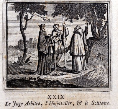 Tuomari tuomitsee Hospitallerin ja Solitairen. Jean de La Fontainen (1621-95) sadut. Kuvitus: Francois Chauveau (1613-1676). Painos vuodelta 1728. tekijältä Francois Chauveau